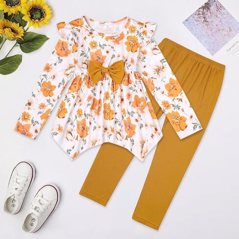 Yoxindax Toddler Kid Girl Clothes Ruffle Sleeve High Low Top Floral Allover Pants Fall Winter Outfit Set in Kuwait