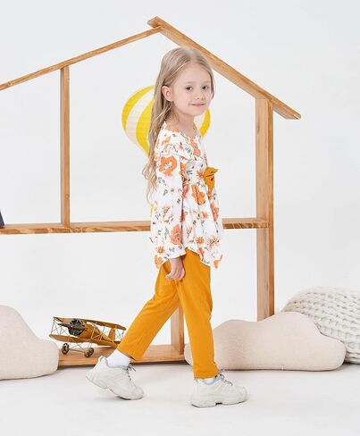 Yoxindax Toddler Kid Girl Clothes Ruffle Sleeve High Low Top Floral Allover Pants Fall Winter Outfit Set in Kuwait