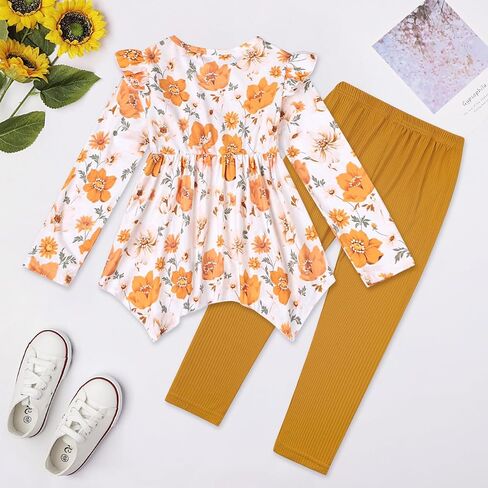 Yoxindax Toddler Kid Girl Clothes Ruffle Sleeve High Low Top Floral Allover Pants Fall Winter Outfit Set in Kuwait
