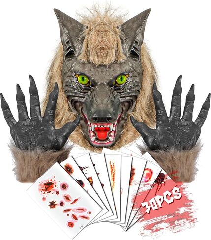 قناع ذئب الهالوين وقفازات مخالب من EPN مع ملصقات وشم مؤقت للندبات باللون البني الداكن in Kuwait