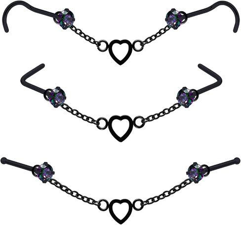 Nose Ring Chain Across Nose Black Stainless Steel Nostril Nose Piercing Chain with Cubic Zirconia Nose Screw Bone L-Shaped Ring for Women Body Piercing Nostril Jewelry with Bridge Chain in Saudi Arabia
