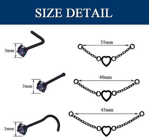 Nose Ring Chain Across Nose Black Stainless Steel Nostril Nose Piercing Chain with Cubic Zirconia Nose Screw Bone L-Shaped Ring for Women Body Piercing Nostril Jewelry with Bridge Chain in Saudi Arabia