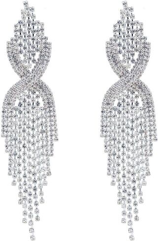 CHRAN Silver Teardrop Crystal Long Tassels Dangle Earrings Sparkling Rhinestone Ladies Gifts in Kuwait