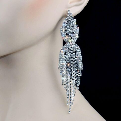 CHRAN Silver Teardrop Crystal Long Tassels Dangle Earrings Sparkling Rhinestone Ladies Gifts in Kuwait