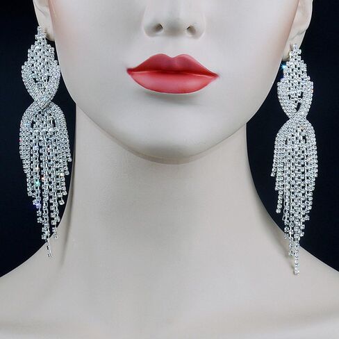 CHRAN Silver Teardrop Crystal Long Tassels Dangle Earrings Sparkling Rhinestone Ladies Gifts in Kuwait