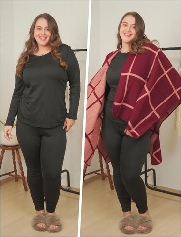 ملابس داخلية حرارية مقاس كبير من FOREYOND للنساء أطقم جونز طويلة مبطنة بالصوف طبقة أساسية بيجامة علوية وسفلية in Kuwait