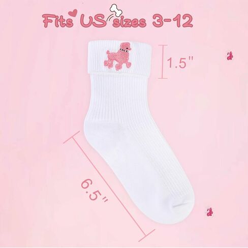FAYBOX 2 Pairs 50s Bobby Socks with Poodle Applique Cute Poodle Socks Gifts for Girls 50s Socks Halloween in Kuwait