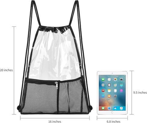 حقيبة ظهر برباط شفاف كبيرة من مادة PVC مع حامل زجاجة وجيب شبكي بسحاب أمامي للسباحة الرياضية على الشاطئ (أسود) in Kuwait