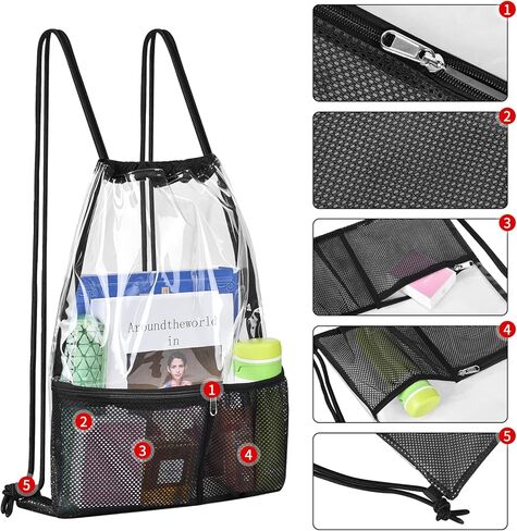 حقيبة ظهر برباط شفاف كبيرة من مادة PVC مع حامل زجاجة وجيب شبكي بسحاب أمامي للسباحة الرياضية على الشاطئ (أسود) in Kuwait
