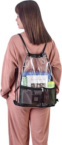 حقيبة ظهر برباط شفاف كبيرة من مادة PVC مع حامل زجاجة وجيب شبكي بسحاب أمامي للسباحة الرياضية على الشاطئ (أسود) in Kuwait