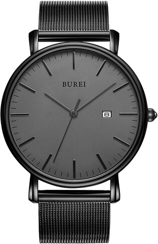 BUREI ساعة يد رجالية عصرية بسيطة مقاومة للماء ساعات بسيطة رفيعة للغاية انالوج كوارتز تاريخ مع سوار شبكي من الفولاذ المقاوم للصدأ in Kuwait