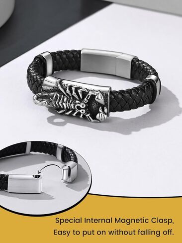 KeyStyle Stainless Steel Braided Leather Bracelet for Men, Punk Cuff Bangle Magnetic Clasp 7.1'', 8.3'', 9 Inches Wristband, Black in Kuwait