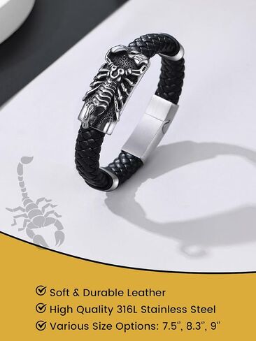 KeyStyle Stainless Steel Braided Leather Bracelet for Men, Punk Cuff Bangle Magnetic Clasp 7.1'', 8.3'', 9 Inches Wristband, Black in Kuwait