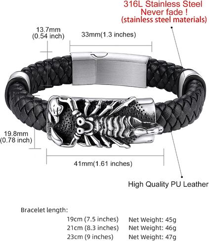 KeyStyle Stainless Steel Braided Leather Bracelet for Men, Punk Cuff Bangle Magnetic Clasp 7.1'', 8.3'', 9 Inches Wristband, Black in Kuwait