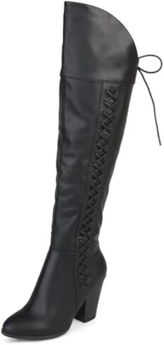 Brinley Co. حذاء نسائي من الجلد الصناعي برباط فوق الركبة باللون الأسود، مقاس 7.5 سم عند الساق in Kuwait