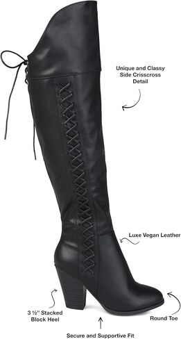 Brinley Co. حذاء نسائي من الجلد الصناعي برباط فوق الركبة باللون الأسود، مقاس 7.5 سم عند الساق in Kuwait