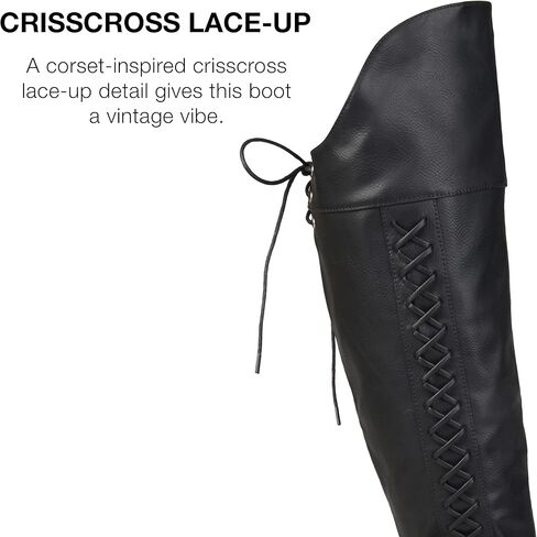 Brinley Co. حذاء نسائي من الجلد الصناعي برباط فوق الركبة باللون الأسود، مقاس 7.5 سم عند الساق in Kuwait