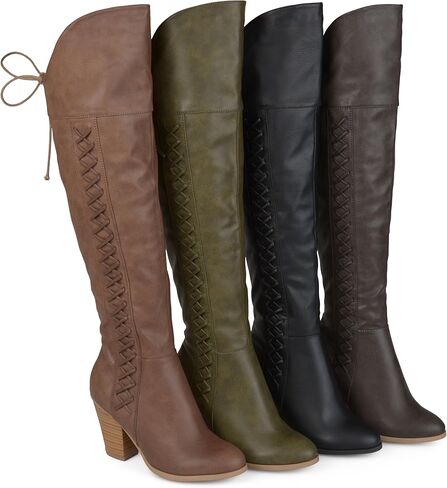 Brinley Co. حذاء نسائي من الجلد الصناعي برباط فوق الركبة باللون الأسود، مقاس 7.5 سم عند الساق in Kuwait