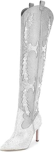 LOCERICH أحذية حجر الراين للنساء، أحذية لامعة فوق الركبة، أحذية مدببة من الأمام، كعب مكتنز، 8 سم، سحاب جانبي، أحذية عالية الفخذ للنساء، الحفلات والحفلات الموسيقية in Kuwait