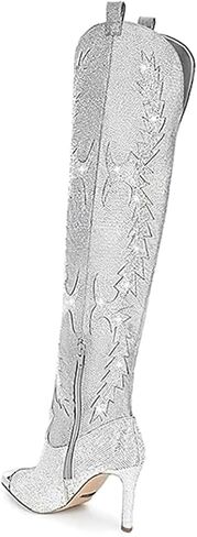 LOCERICH أحذية حجر الراين للنساء، أحذية لامعة فوق الركبة، أحذية مدببة من الأمام، كعب مكتنز، 8 سم، سحاب جانبي، أحذية عالية الفخذ للنساء، الحفلات والحفلات الموسيقية in Kuwait