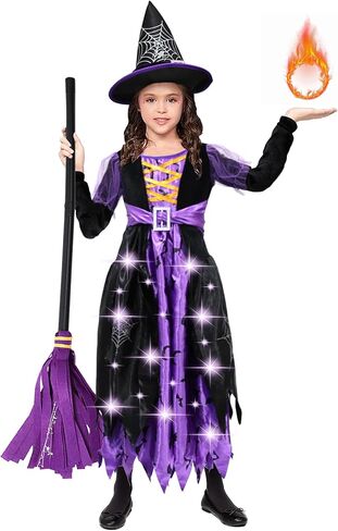 Halloween Girls Witch Costume - Purple and Black Wicked Witch With Hat, Light Up Spiders Bats Skirt Dress Up Set in Kuwait