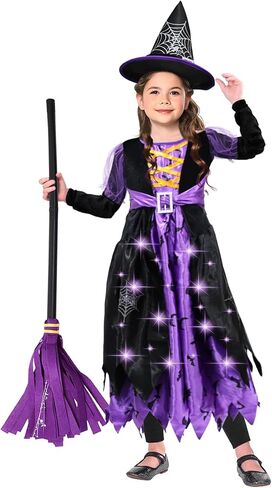 Halloween Girls Witch Costume - Purple and Black Wicked Witch With Hat, Light Up Spiders Bats Skirt Dress Up Set in Kuwait