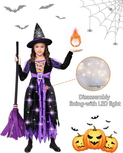 Halloween Girls Witch Costume - Purple and Black Wicked Witch With Hat, Light Up Spiders Bats Skirt Dress Up Set in Kuwait
