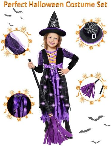 Halloween Girls Witch Costume - Purple and Black Wicked Witch With Hat, Light Up Spiders Bats Skirt Dress Up Set in Kuwait