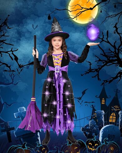 Halloween Girls Witch Costume - Purple and Black Wicked Witch With Hat, Light Up Spiders Bats Skirt Dress Up Set in Kuwait