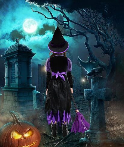 Halloween Girls Witch Costume - Purple and Black Wicked Witch With Hat, Light Up Spiders Bats Skirt Dress Up Set in Kuwait