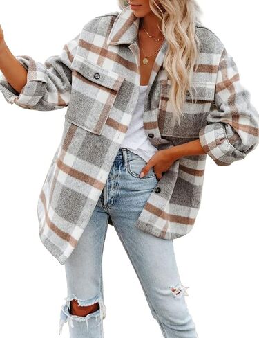 happlan Long Sleeve Casual Plaid Shacket Jackets Shirts Lapel Tweed Pea Coat For Women in Kuwait