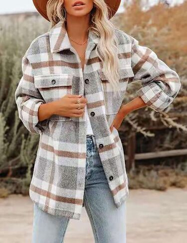 happlan Long Sleeve Casual Plaid Shacket Jackets Shirts Lapel Tweed Pea Coat For Women in Kuwait