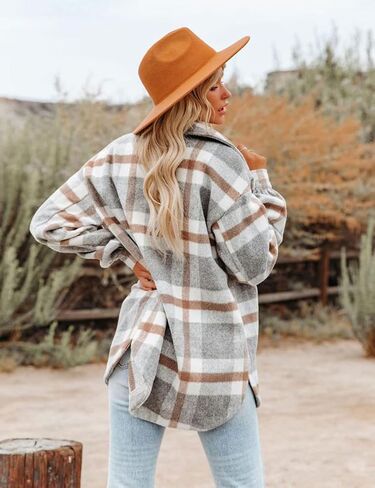 happlan Long Sleeve Casual Plaid Shacket Jackets Shirts Lapel Tweed Pea Coat For Women in Kuwait