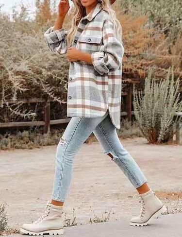 happlan Long Sleeve Casual Plaid Shacket Jackets Shirts Lapel Tweed Pea Coat For Women in Kuwait