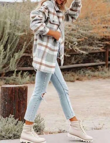happlan Long Sleeve Casual Plaid Shacket Jackets Shirts Lapel Tweed Pea Coat For Women in Kuwait