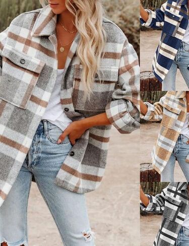 happlan Long Sleeve Casual Plaid Shacket Jackets Shirts Lapel Tweed Pea Coat For Women in Kuwait