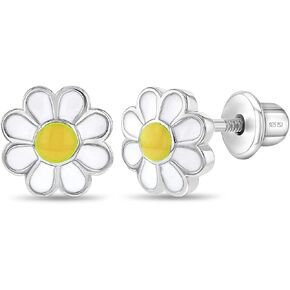925 Sterling Silver Enamel Daisy Flower Girl's Earrings with Safety Screw Back Locking Best for Toddlers, Young Girls, and Pre Teens - Sweet and Lovely Floral Studs for Girls