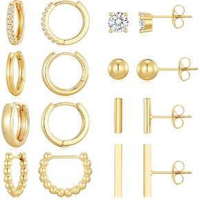 Dreamfox 6/8 Pairs Huggie Hoop Earrings Small Hypoallergenic 14K Gold Plated Huggie Earrings For Women Simple Huggie Stud Earrings Set For Girls Christmas Gift