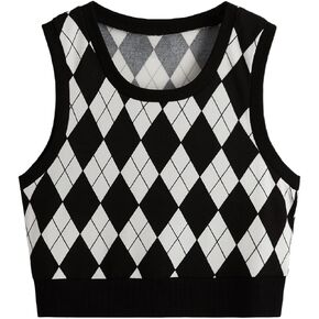 سترة بدون أكمام للسيدات من Verdusa برقبة دائرية منقوشة ومطبوعة على شكل أرجيل، أسود وأبيض XS in Kuwait