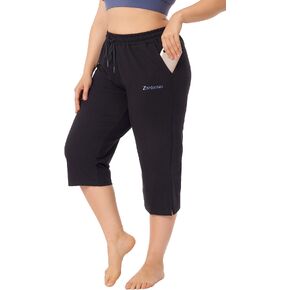 ZERDOCEAN Women's Plus Size Active Yoga Lounge Indoor Jersey Capri Walking Crop Pants with Pockets Drawstring