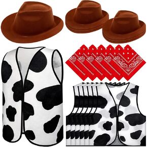 18 Pcs Kids Western Costume Set Include 6 Western Cowboy Felt Hat with 6 Bandanna 6 Cow Vest Tops for Boys Girls Halloween