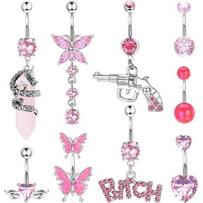Sanfenly 14G Belly Button Rings Dangle Stainless Steel Navel Rings Pink CZ Heart Butterfly Belly Rings Dangling Belly Piercing Jewelry For Women