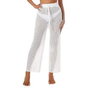 ZAFUL Women's Cover Up Pants Crochet Hollow Out Beach Pants Drawstring Elastic High Waist Straight Pants in Saudi Arabia