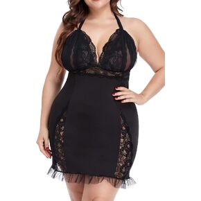Plus Size Lingerie for Women Black Halter Straps Chemise Lace Trim Babydoll Sleepwear L-4XL(A2102-Black-L） in Saudi Arabia