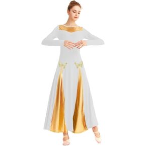 REXREII Women Praise Dance Robe Liturgical Worship Color Block Long Sleeve Butterfly Dress Lyrical Celebration Choir Gown