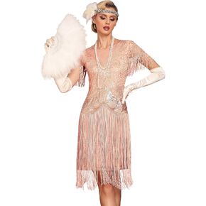 PrettyGuide Women's 1920s Gatsby Dress Long Fringe Vintage Sequin Art Deco Cocktail Flapper Dress with Sleeves