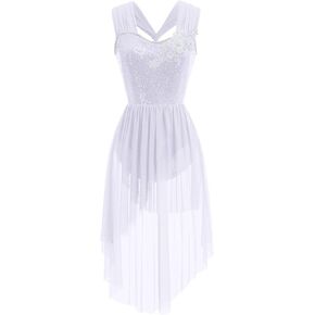 AFAVOM Sequin Flower Lyrical Dance Dress for Women Cross Straps Leotard High Low Flowy Mesh Skirt Contemporary Dance Costume