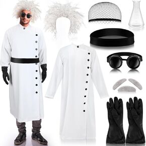 Jiuguva 9 Pcs Halloween Mad Scientist Costume for Adult Men including Coat Belt Beaker Gloves Goggles Wig Mustache Eyebrows(Stylish Style, Large) in Saudi Arabia