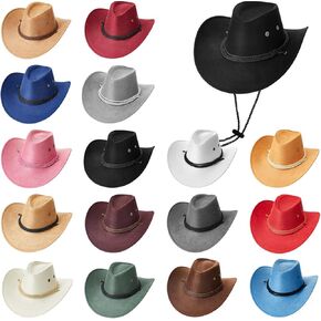 Henoyso 16 Pcs Western Cowboy Hat Faux Felt Leather Wide Brim Hat Classic Outdoor Travel Cap with Strap for Halloween Adult Men Women Cowgirl Costume, 16 Colors in Kuwait