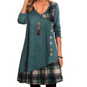 Women Plaid Shirt Dresses Long Sleeve V Neck Button Short Swing Dress for Women